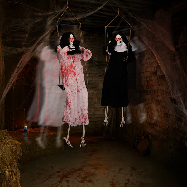 Outdoor Halloween Decorations - 2 Packs Hanging Ghosts Decor with Light-Up Eyes & Scary Scream, 3ft Grim Reaper Swinging Ghost
