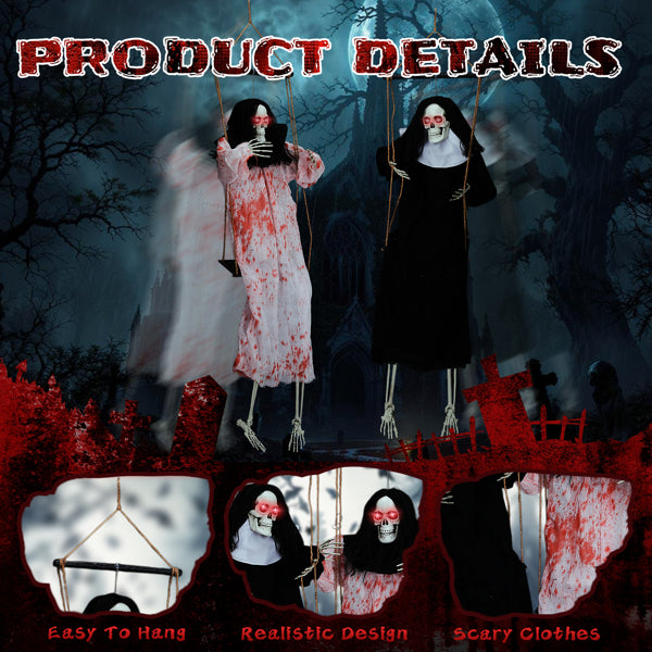 Outdoor Halloween Decorations - 2 Packs Hanging Ghosts Decor with Light-Up Eyes & Scary Scream, 3ft Grim Reaper Swinging Ghost