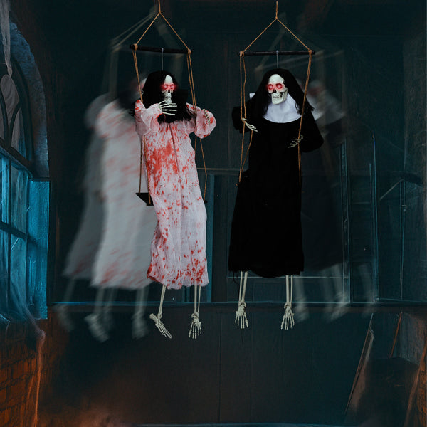 Outdoor Halloween Decorations - 2 Packs Hanging Ghosts Decor with Light-Up Eyes & Scary Scream, 3ft Grim Reaper Swinging Ghost