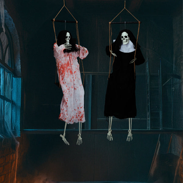 Outdoor Halloween Decorations - 2 Packs Hanging Ghosts Decor with Light-Up Eyes & Scary Scream, 3ft Grim Reaper Swinging Ghost