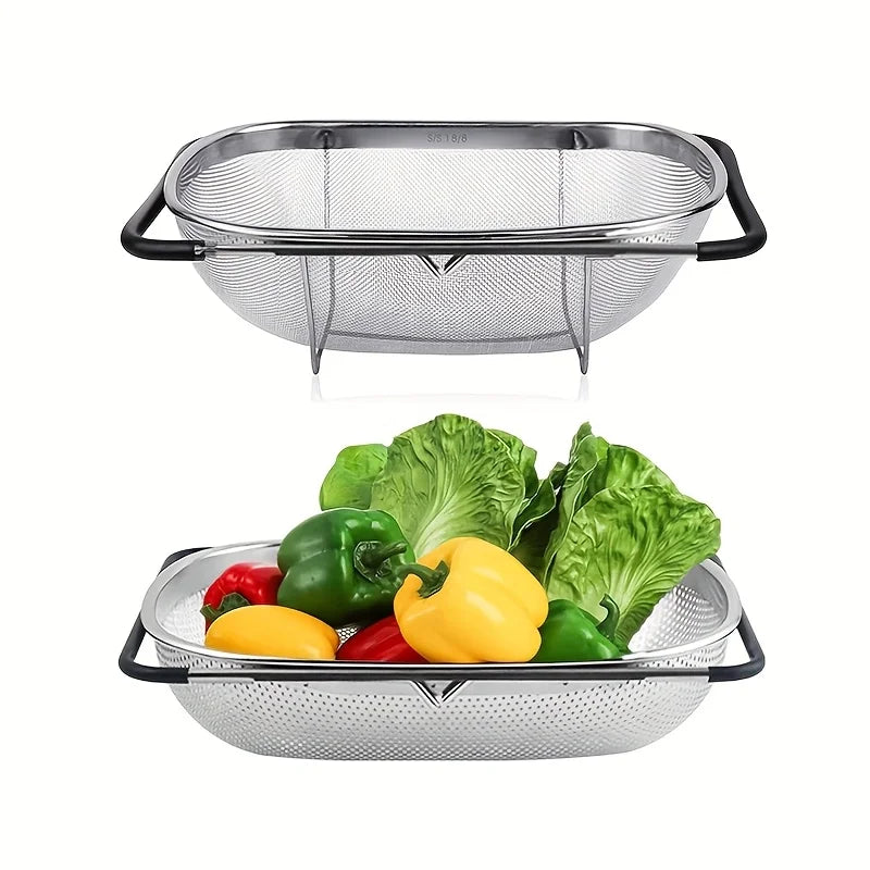 1pcs expandable stainless steel strainer with fine sieve & drain basket, perfect for vegetables & kitchen accessories