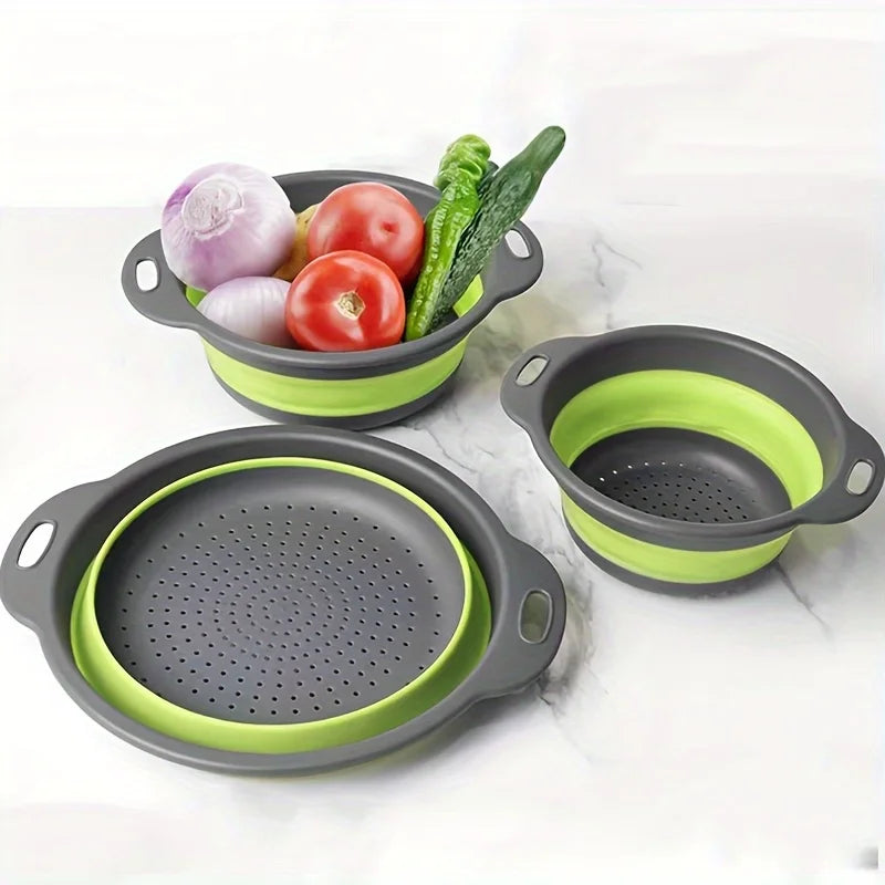 2 foldable colander sets, round silicone filter, kitchen sink filter & vegetable/fruit washing basket, perfect for draining