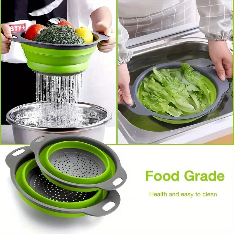 2 foldable colander sets, round silicone filter, kitchen sink filter & vegetable/fruit washing basket, perfect for draining