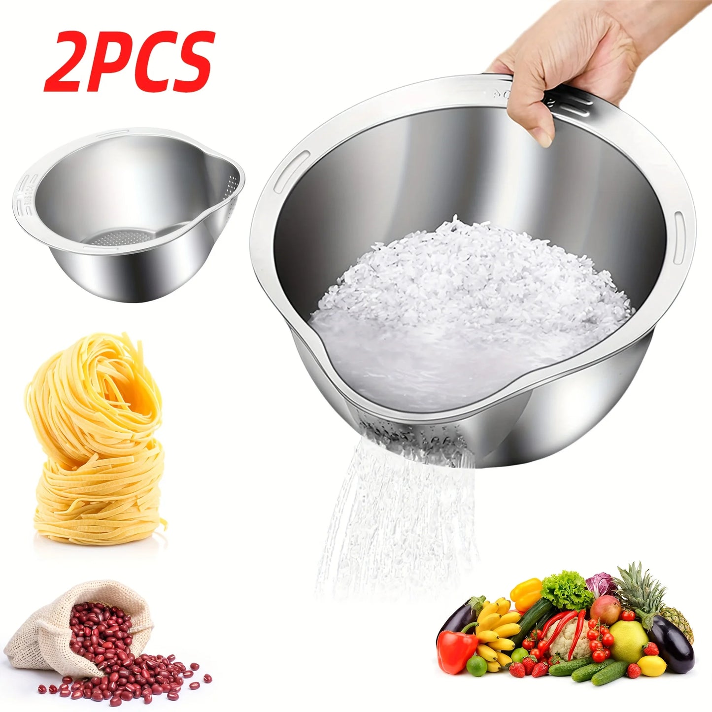 Stainless steel rice washing bowl, multi-function filter and kitchen filter for washing rice, vegetables and fruits