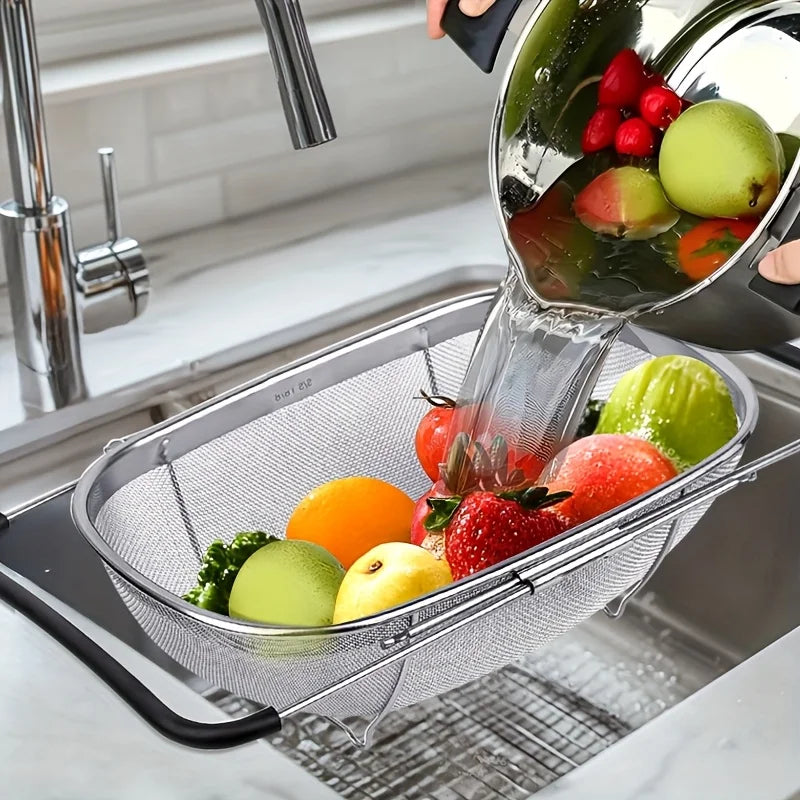 1pcs expandable stainless steel strainer with fine sieve & drain basket, perfect for vegetables & kitchen accessories