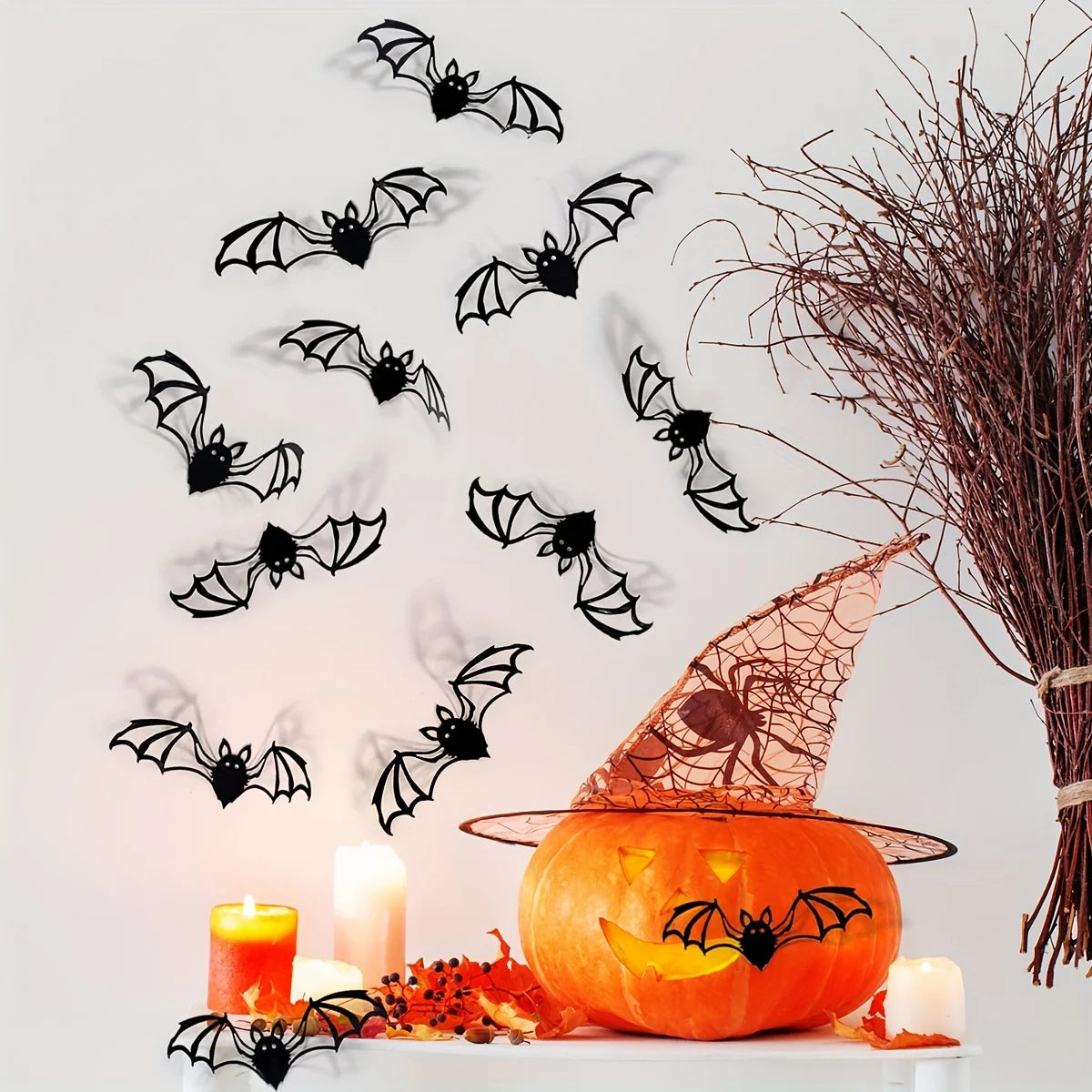A set of twelve Halloween 3d three-dimensional bats creative wall stickers, simple decorative stickers on the background wall