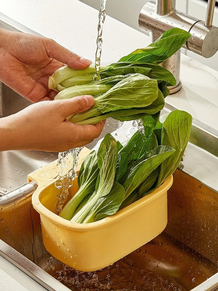 Square one-button faucet drain basket, durable plastic kitchen sink filter, high-efficiency drain hole, space-saving vegetable