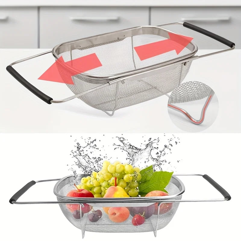 1pcs expandable stainless steel strainer with fine sieve & drain basket, perfect for vegetables & kitchen accessories