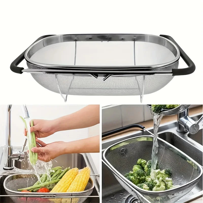 1pcs expandable stainless steel strainer with fine sieve & drain basket, perfect for vegetables & kitchen accessories