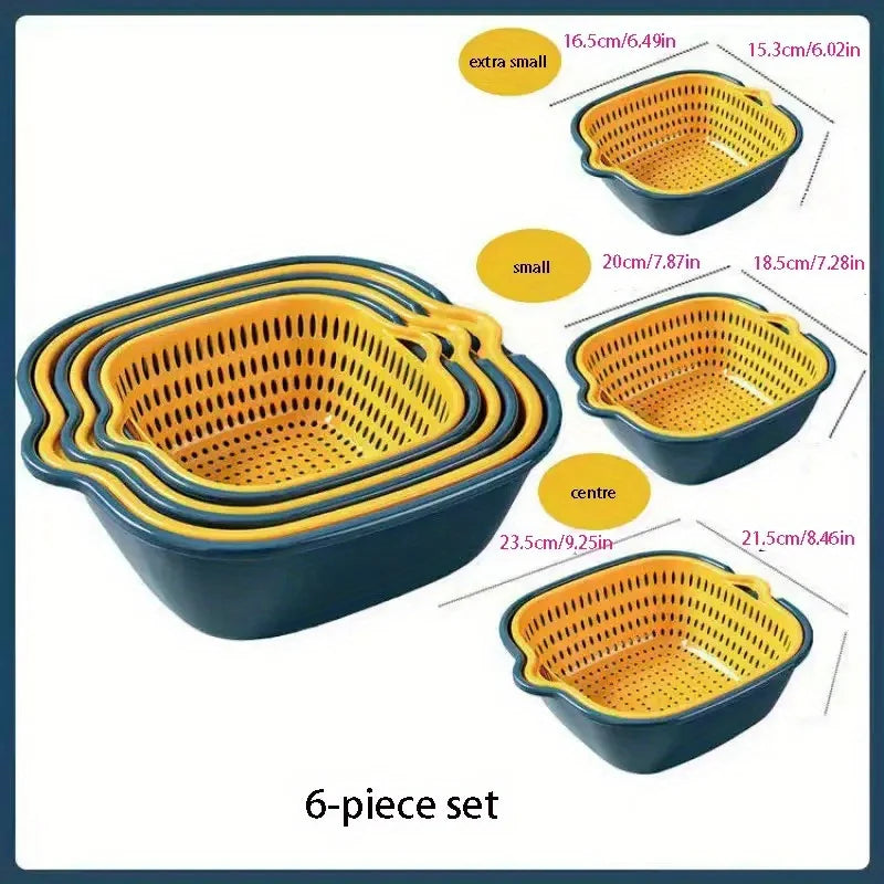 6-piece set: double drain plastic filter baskets, reusable vegetable/fruit wash baskets, kitchen household filter