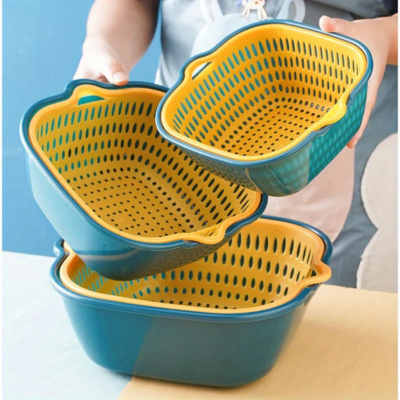 6-piece set: double drain plastic filter baskets, reusable vegetable/fruit wash baskets, kitchen household filter