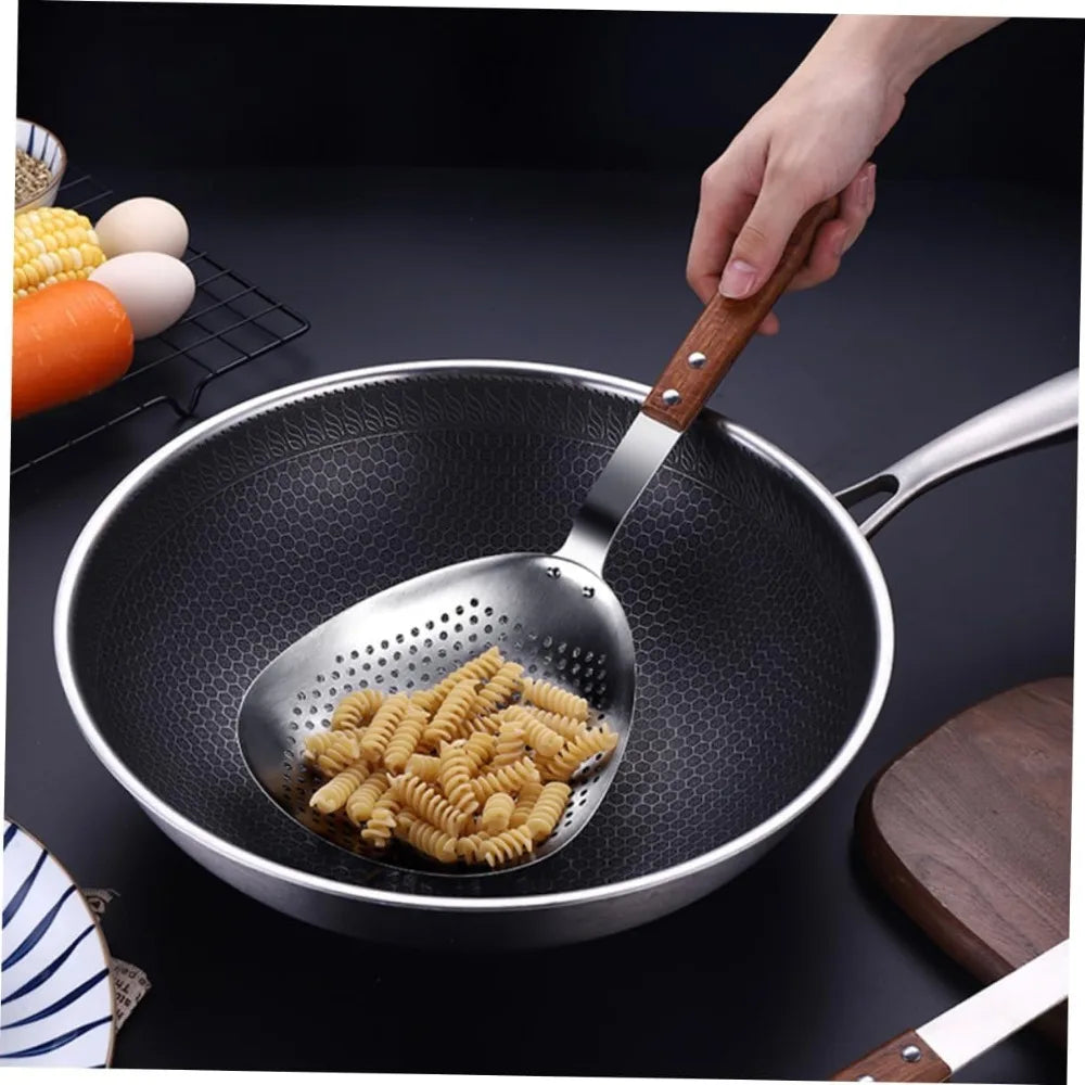 Stainless Steel Slotted Spoon Wooden Handle Food Serving Strainer for Hot Pot and Frying Kitchen Colander for Pasta and Oil Drai