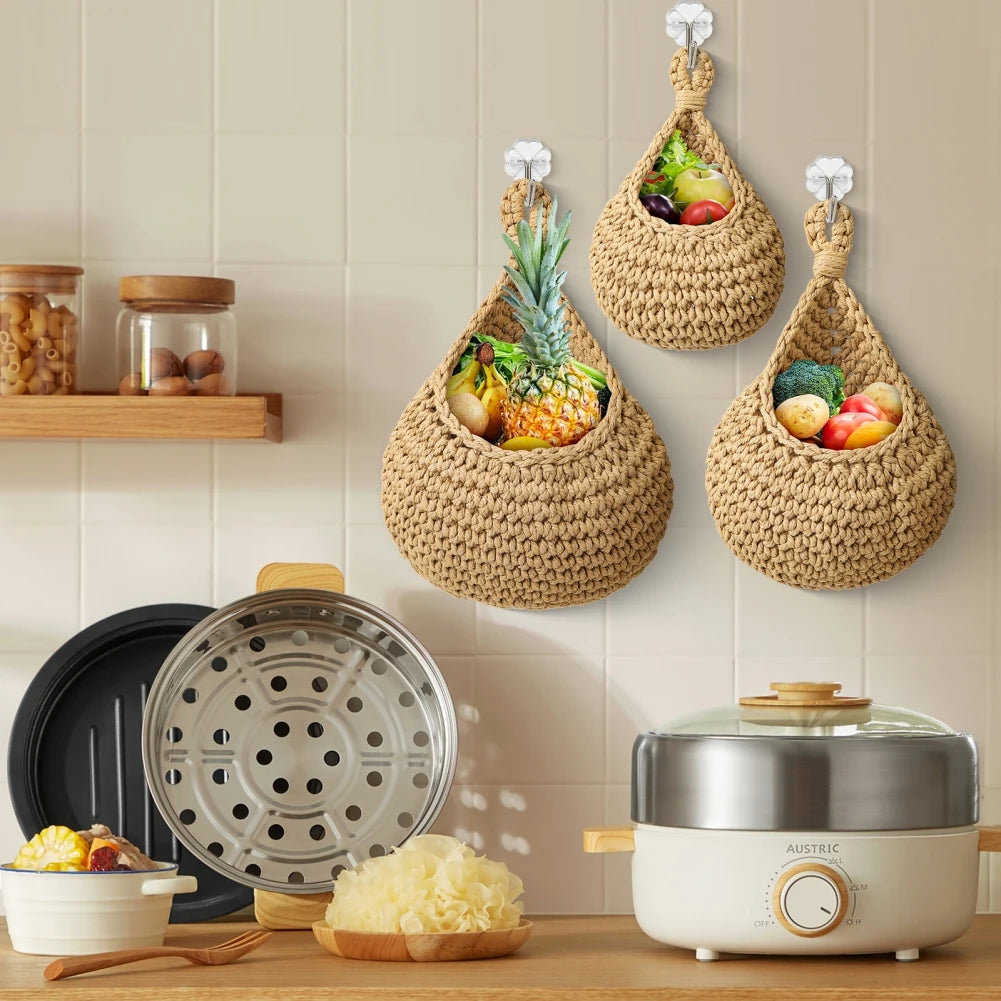 1PC Hanging Fruit Basket Boho Jute Hanging Organizing Baskets Handwoven Decorative Kitchen Fruit Vegetable Storage Baskets