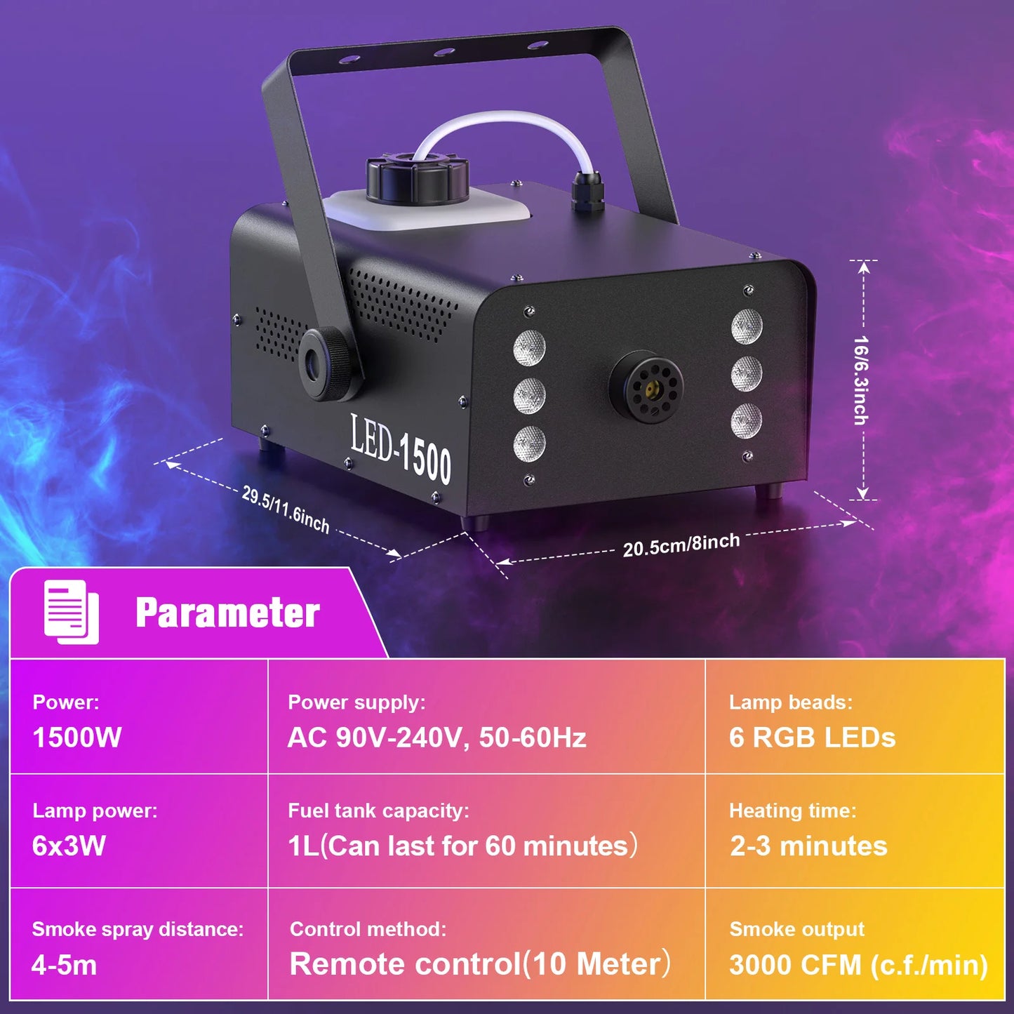U'King 1500W Smoke Machine RGB 6 LED Fog Machine with Remote Control for DJ Disco Party Nightclub Stage Effect Fogger Machine