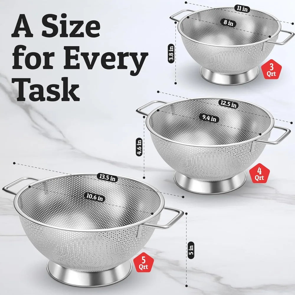 PriorityChef Premium Stainless Steel Colander for Kitchen, Durable Rice and Pasta Strainer with Handle, Rust-Resistant & Dishwas