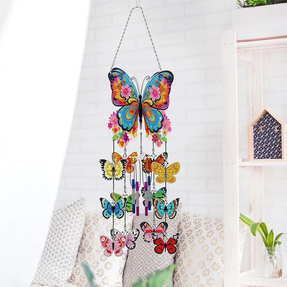 Double Sided Flower Butterflies Hanging Crystal Chime Ornament Wind Chimes DIY Diamond Kits for Garden Window Decor