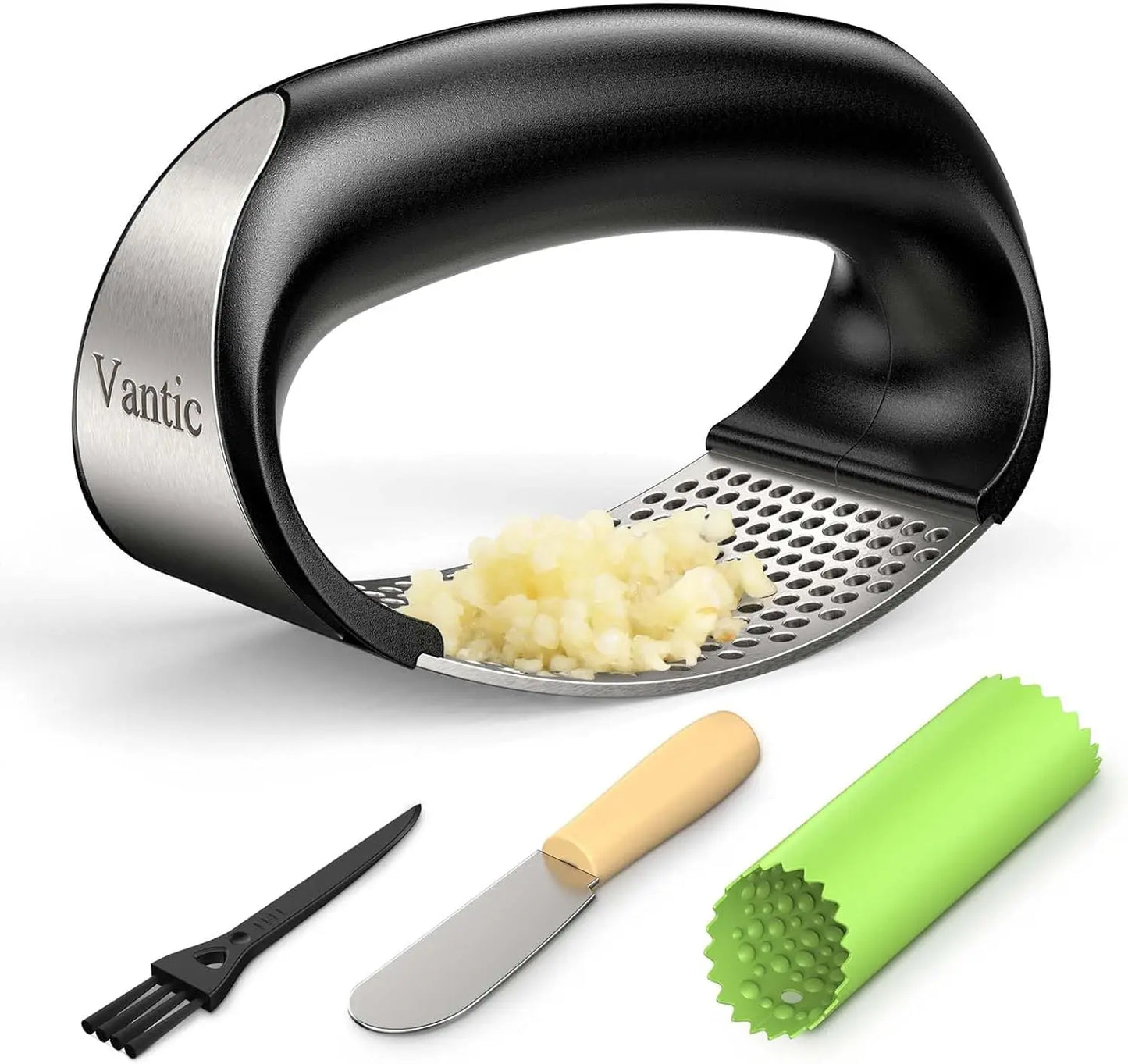 Garlic Press Rocker - Easy Squeeze Mincer & Crusher with Peeler, Effortless Kitchen Gadget for Fast Cooking, Dish Prep