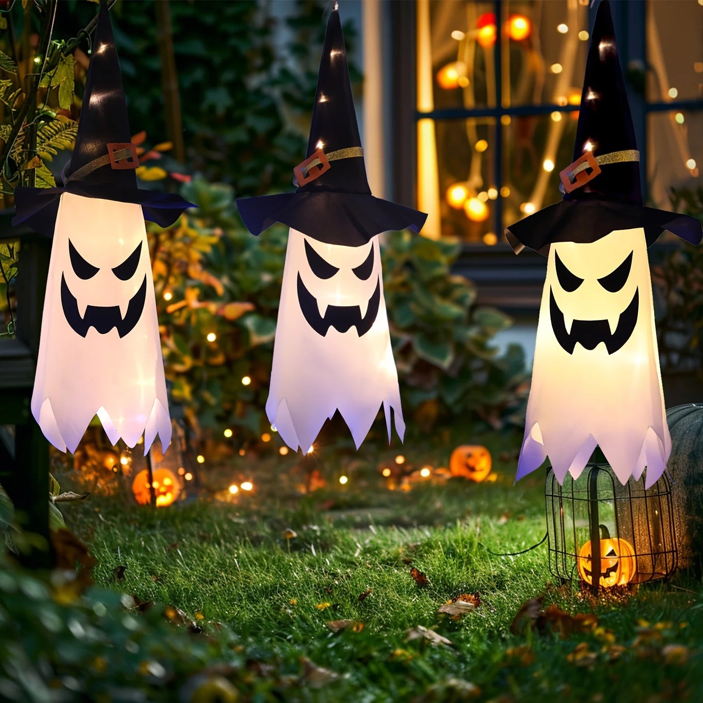 3pcs LED Ghost Lights, Halloween Wizard Hat Hanging Lamps, Plastic Battery-Powered Decorative Lights Spooky Outdoor Decor