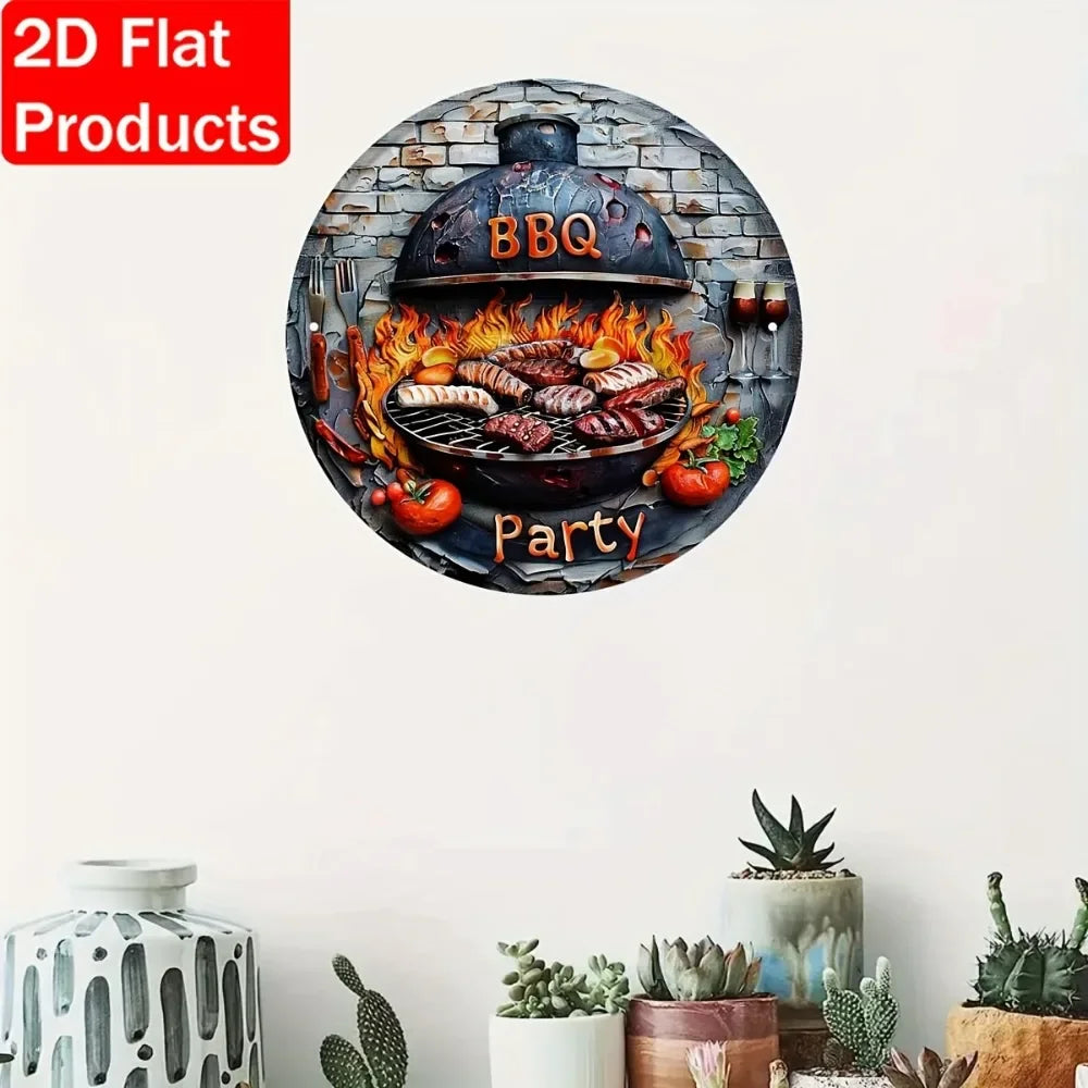 BBQ Party 2D Flat Tin Sign - 8"x8" Vibrant Grill Art, Rustic Porch Camping Decor, Outdoor Themed Gatherings, 1pc