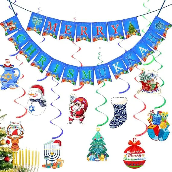 Merry Chrismukka Holiday Party Decorations Kit: Merry Chrismukka Banner and 10 PCS Christmas Xmas Hanukkah Hanging Swirls for I