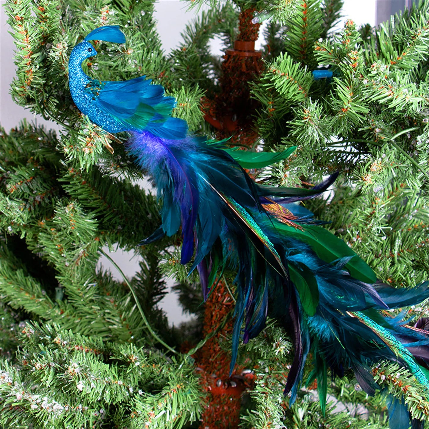 Christmas Decorations Faux Peacock Ornaments Glitter Blue Peacock Ornaments With Tail Feather Clip-On Decor Set For Christmas