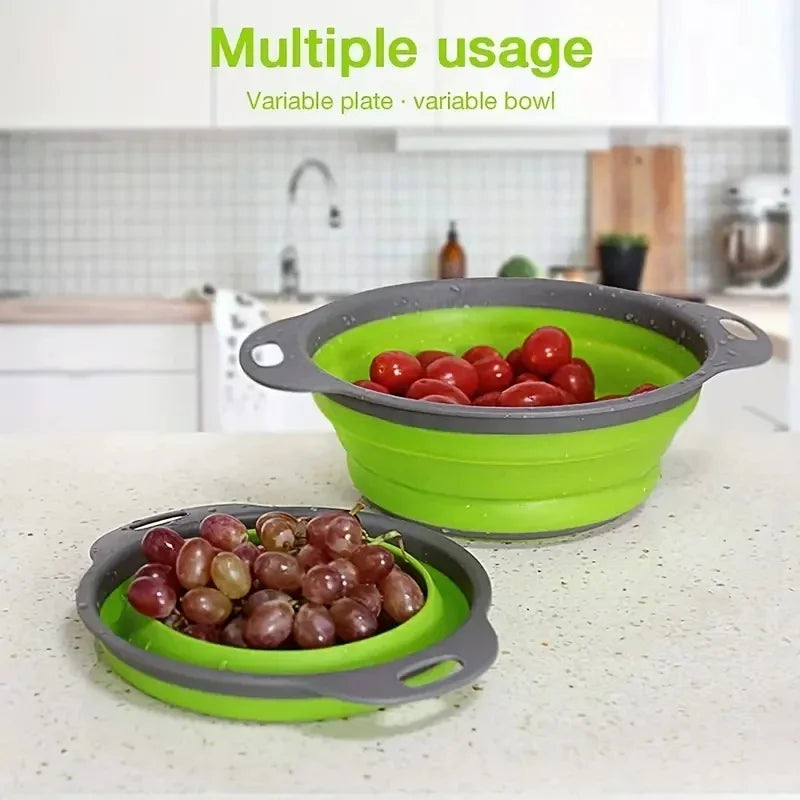 Space-Saving Silicone Colander with Handle Collapsible Silicone Fruit and Vegetable Washing Basket Essential Kitchen Gadget