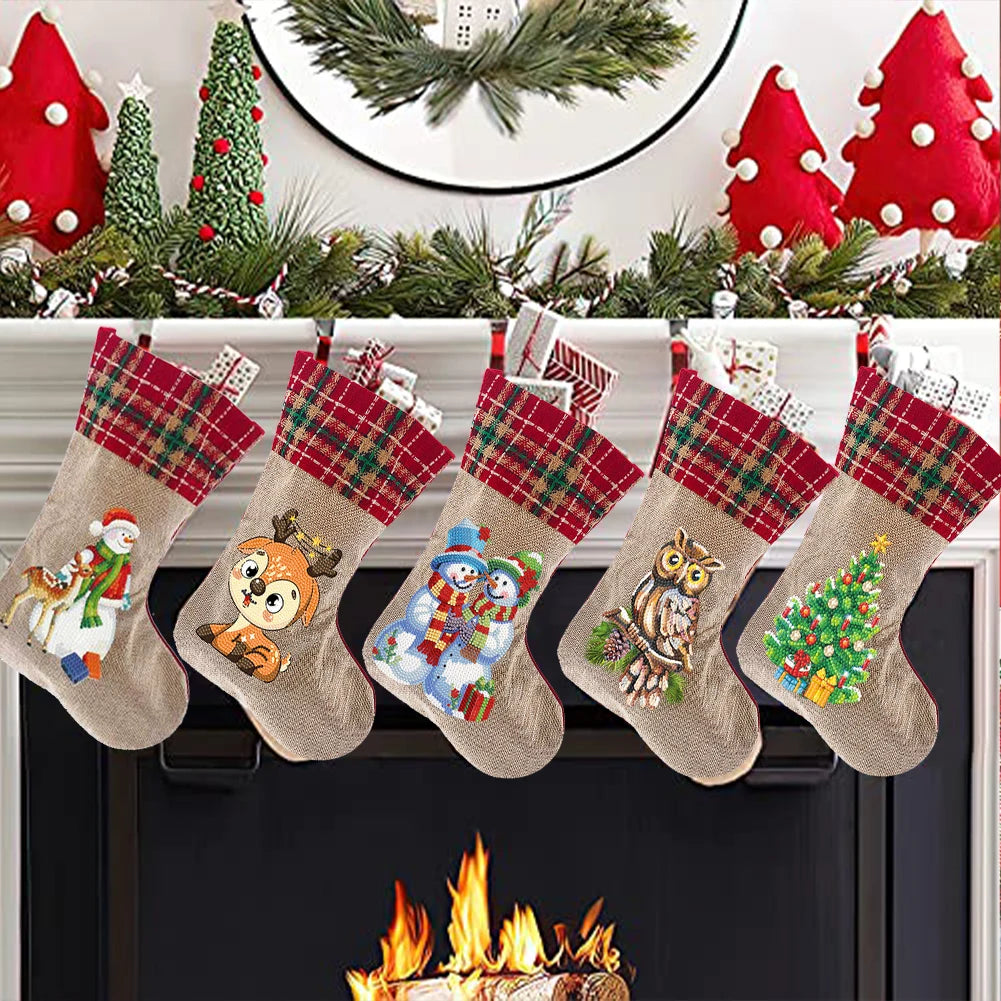 Christmas Decor Diamond Painting Stocking Snowman Diamond Xmas Fireplace Hanging Stockings Owl Pine for Family Party Decorations