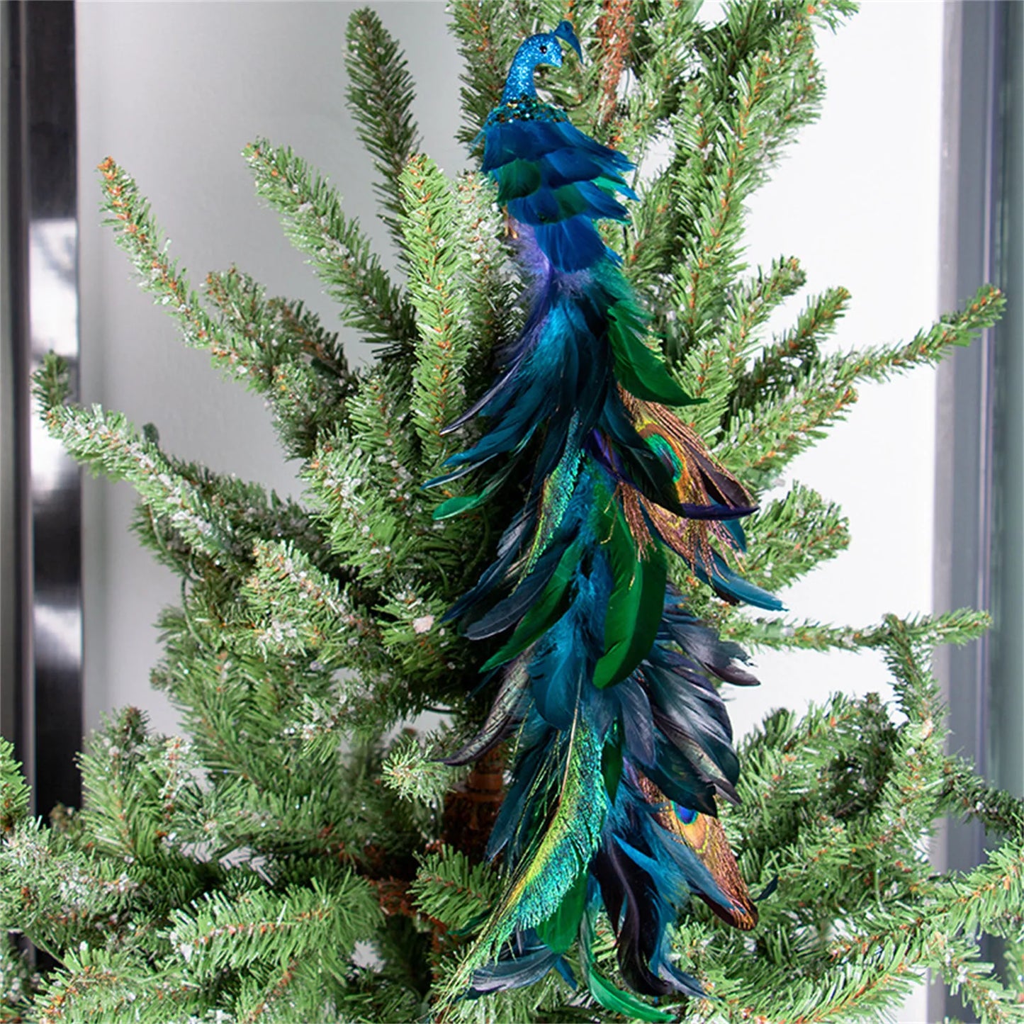 Christmas Decorations Faux Peacock Ornaments Glitter Blue Peacock Ornaments With Tail Feather Clip-On Decor Set For Christmas