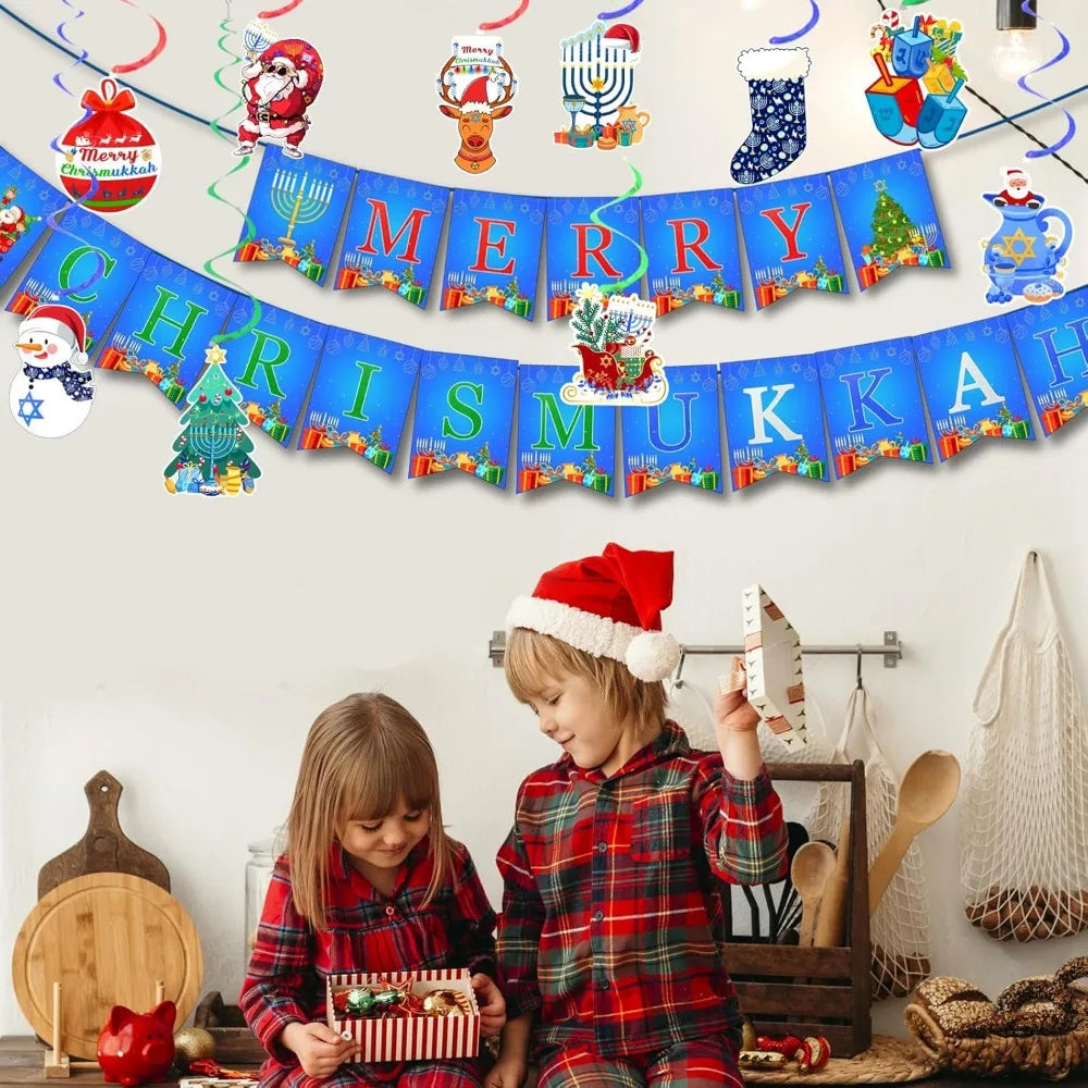 Merry Chrismukka Holiday Party Decorations Kit: Merry Chrismukka Banner and 10 PCS Christmas Xmas Hanukkah Hanging Swirls for I