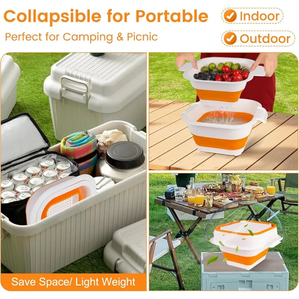 Collapsible Colander Set with Strainer Bowl, 2 in 1 Fruit Washing Basket with Strainer, 5 + 3 QT Plastic Colander for Kitchen, F