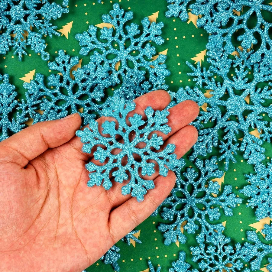 36pcs Christmas Light Blue Snowflake Ornaments Plastic Glitter Snow Flakes Ornaments for Winter Christmas Tree Decorations Size