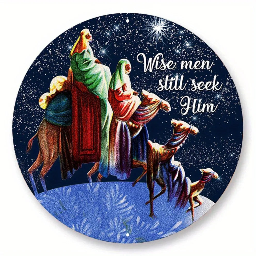 1PC Round Nativity Scene Metal Wall Art -2D "Wise Men Still Seek Him"Vintage Religious Sign|Retro Holiday Plaque for Home,Church