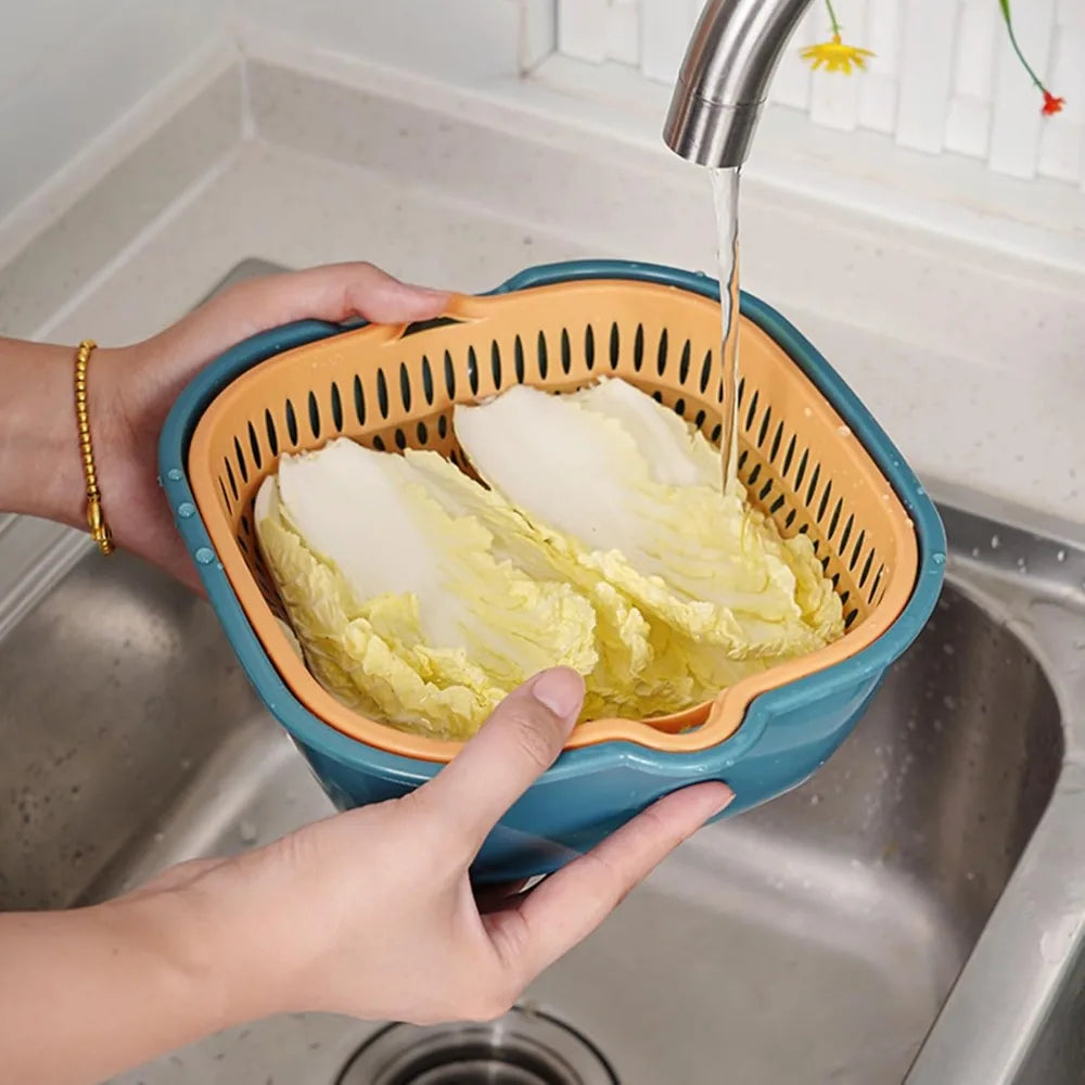 2 in 1 Plastic Vegetable Washing Basket, Carry Large Number Ingredients and Fruits, Multiple Drain Basket Kitchen Fruit Washing