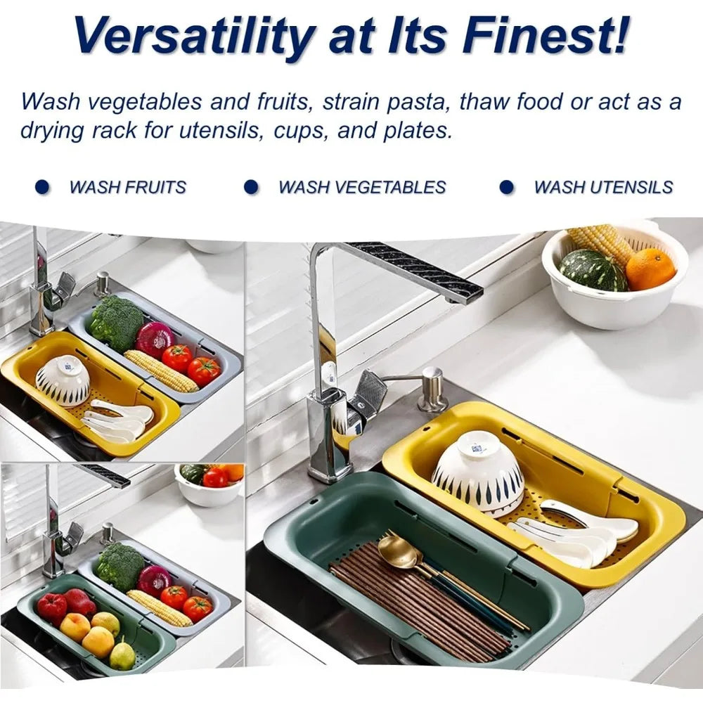 Extendable Sink Colander Strainer Basket - Wash Vegetables and Fruits, Drain Cooked Pasta and Dry Dishes - Adjustable Over the S