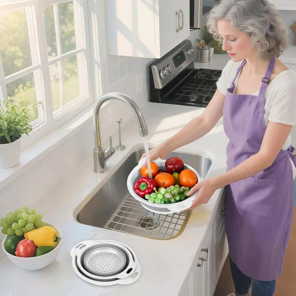 Collapsible Colander 3-Pack Set Space-Saving Foldable Kitchen Strainer with Non-Slip Base Durable Thickened PP+TPE Collapsible S