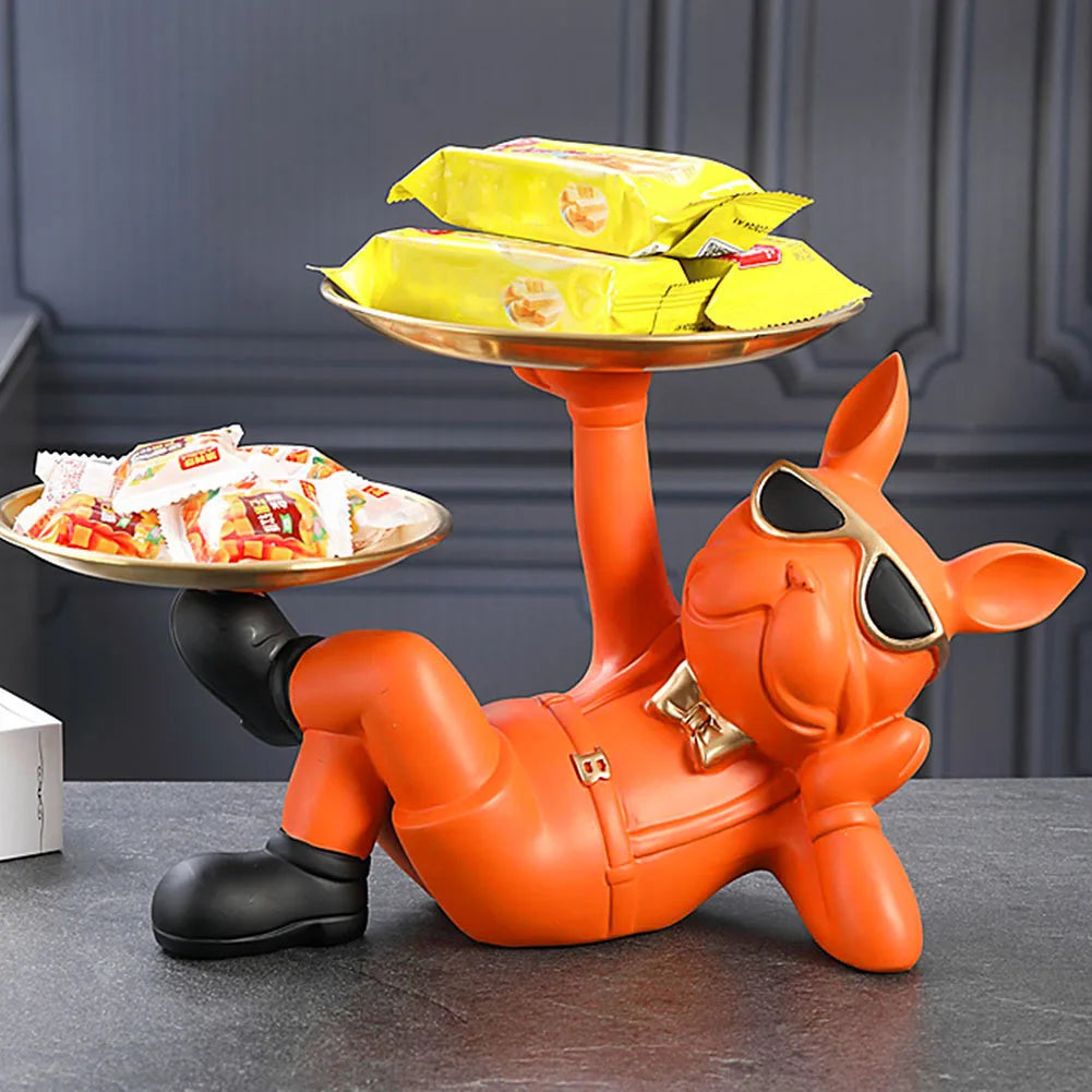 Resin Dog Statue Decor Creative Cute with 2 Tray French Bulldog Sculpture Birthday Gifts Bottom Anti-slip for Home Office Wallet