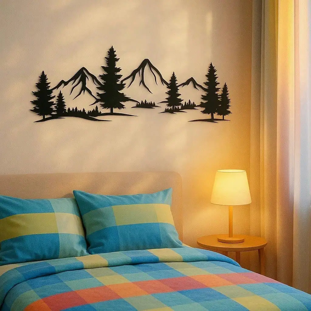1PC Mountain and Forest Metal Wall Art – Black Modern Farmhouse Decor for Living Room & Bedroom | Nature-Inspired Rustic Hanging