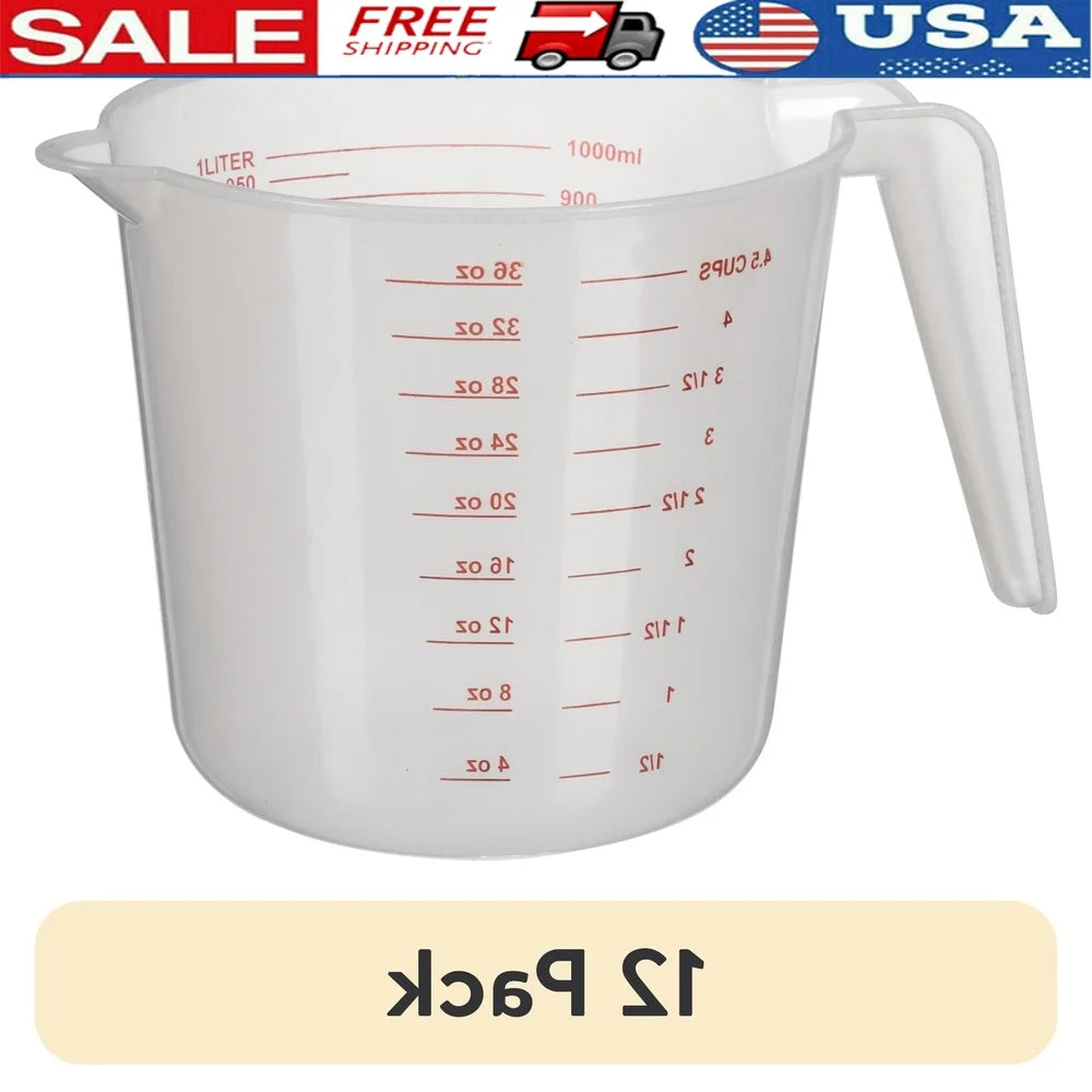 12 Pack 32 oz Clear PP Plastic Measuring Cups Easy Pour Spout Dishwasher Safe Imperial Metric Measurements Stackable Kitchen