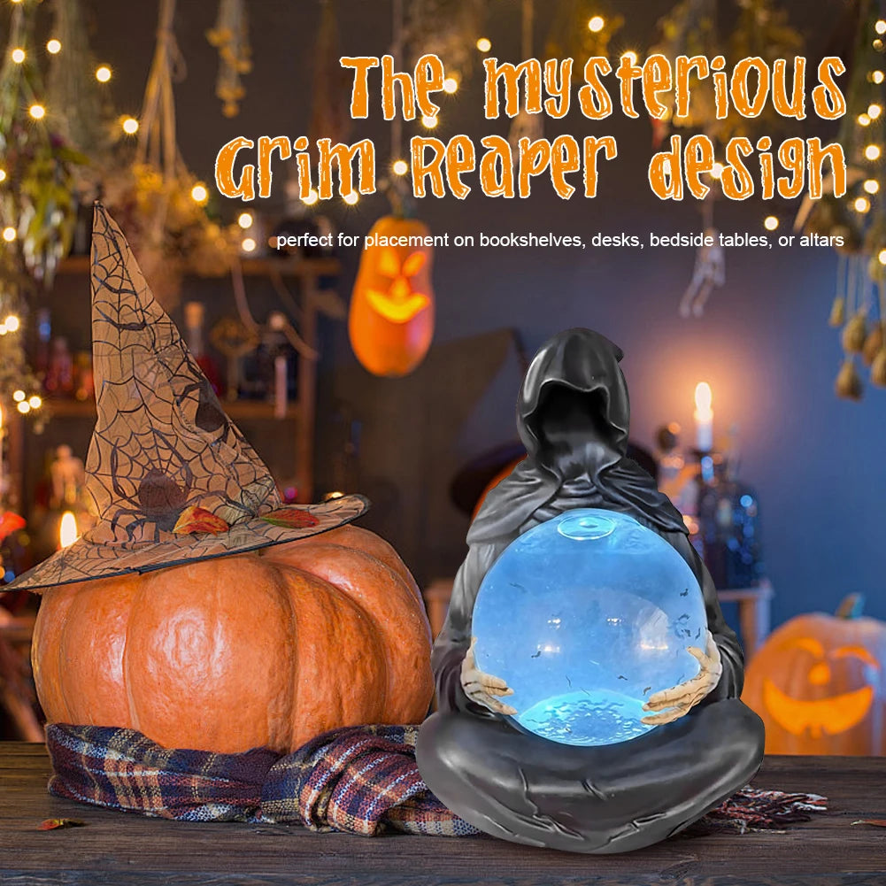 Halloween Gothic Reaper Crystal Ball Grim Reaper Statue with Floating Bats Scary Magical Glowing Balls Home Atmosphere Decor