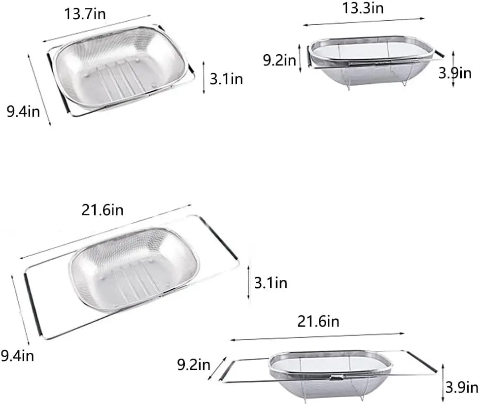 Over the Sink Colander Strainer Basket Stainless Steel, For Kitchen Sink with Rubber Non-slip Grip, Fine Mesh, Kitchen Multipurp