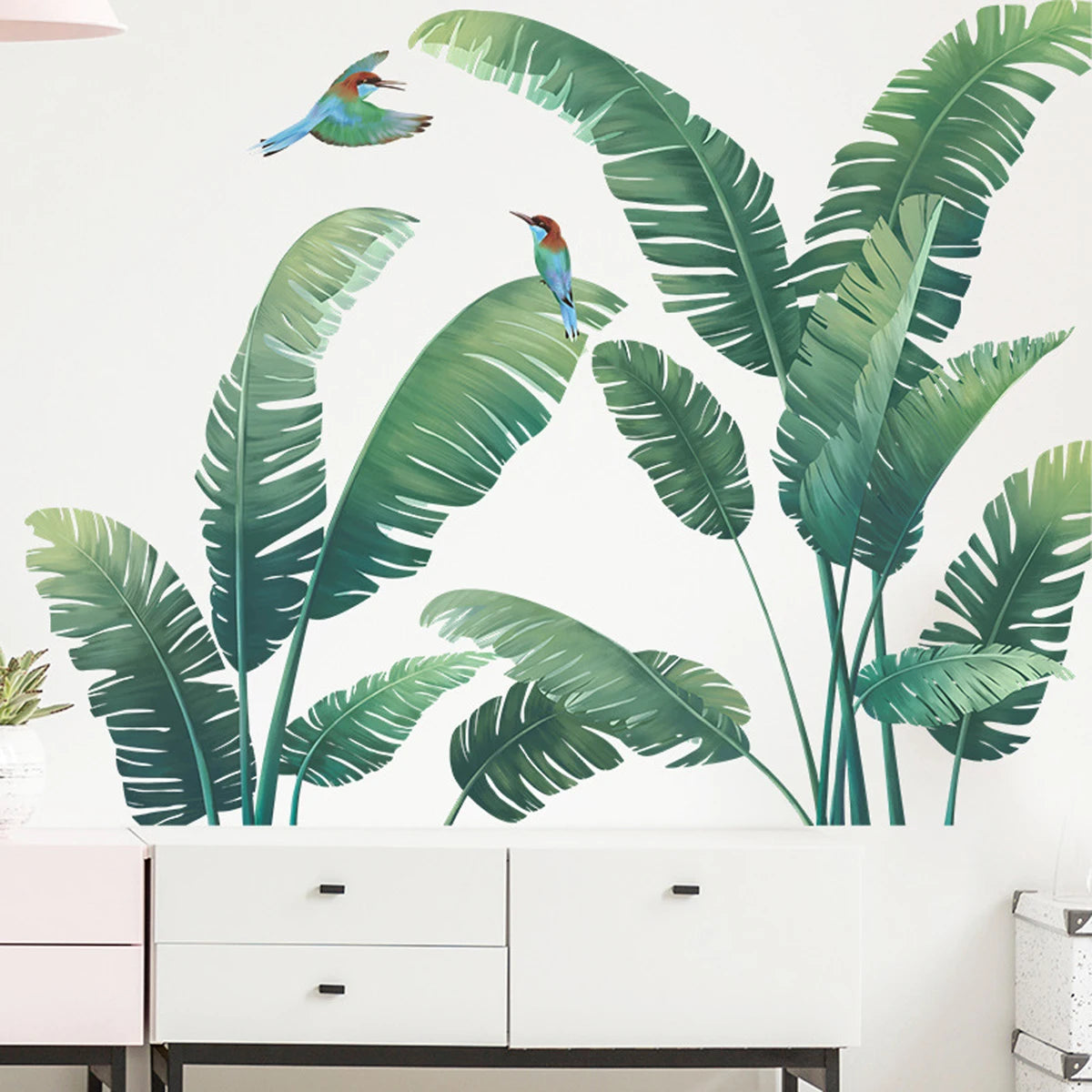 Tropical Palm Leaf Wall Stickers Set of 2 Exotic Green Plant Decals for Living Room Bedroom Office Decor Removable Nature Art