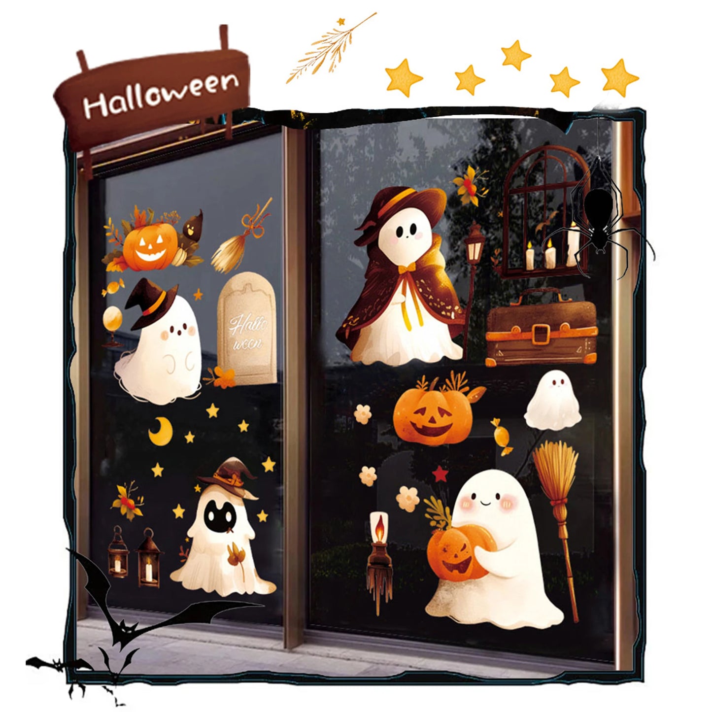 Spooky Halloween Black Cat Window Clings 8 Sheets Haunted House Witch Moon Gothic Window Stickers for Party Decor