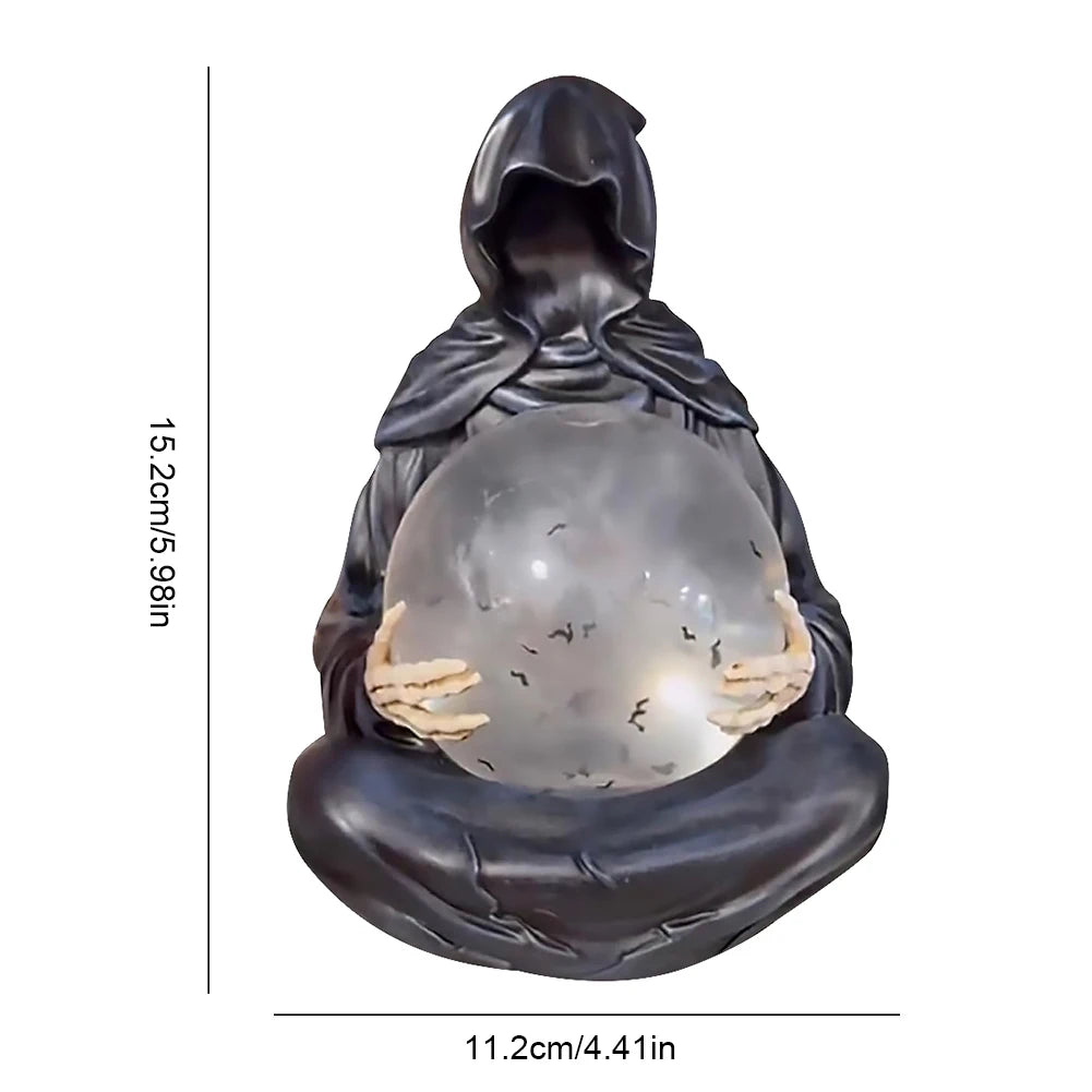 Halloween Gothic Reaper Crystal Ball Grim Reaper Statue with Floating Bats Scary Magical Glowing Balls Home Atmosphere Decor