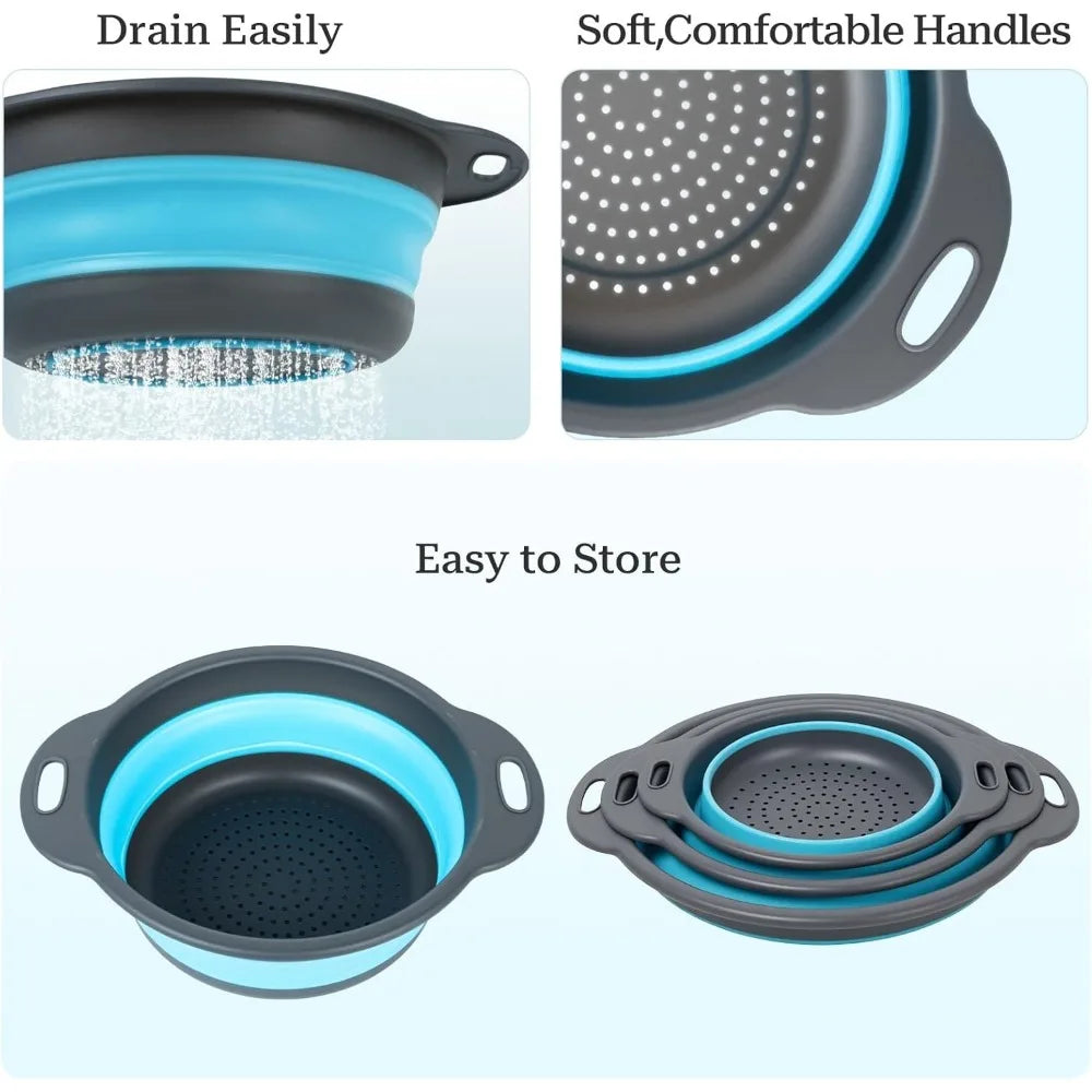 Collapsible Colander 3-Pack Set Space-Saving Foldable Kitchen Strainer with Non-Slip Base Durable Thickened PP+TPE Collapsible S