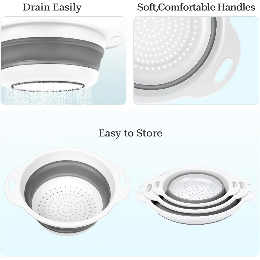 Collapsible Colander 3-Pack Set Space-Saving Foldable Kitchen Strainer with Non-Slip Base Durable Thickened PP+TPE Collapsible S