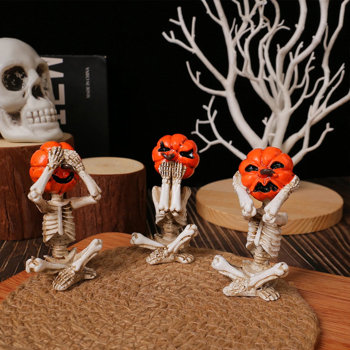 3pcs Halloween Pumpkin Skeleton Yoga Meditation Skull Decor Pumpkin Head Figurine for Home Desk Office Zen Decorations