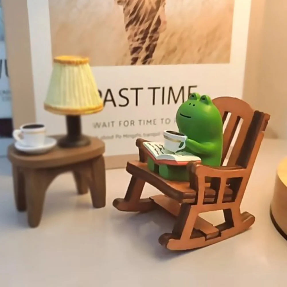 Handmade DIY Micro Rocking Chair Rocking Chair Design with Book Coffee Cute Frog Fat Miniature Home Bedroom Office Decoration