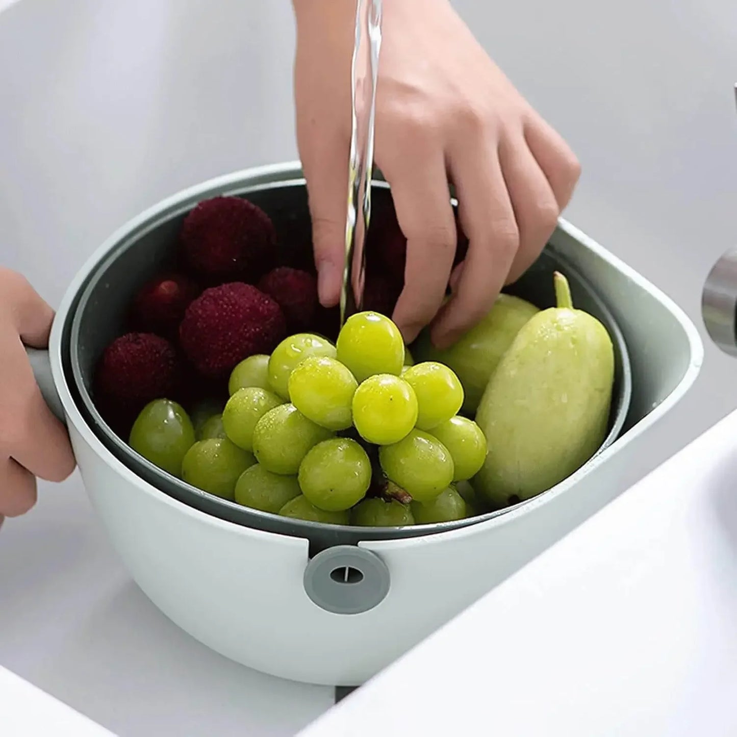 2 in 1 Kitchen Colander Set, Vegetable and Fruit Rotating Cleaning Colander with Handle, for Fruits Vegetables Pasta Noodles Was
