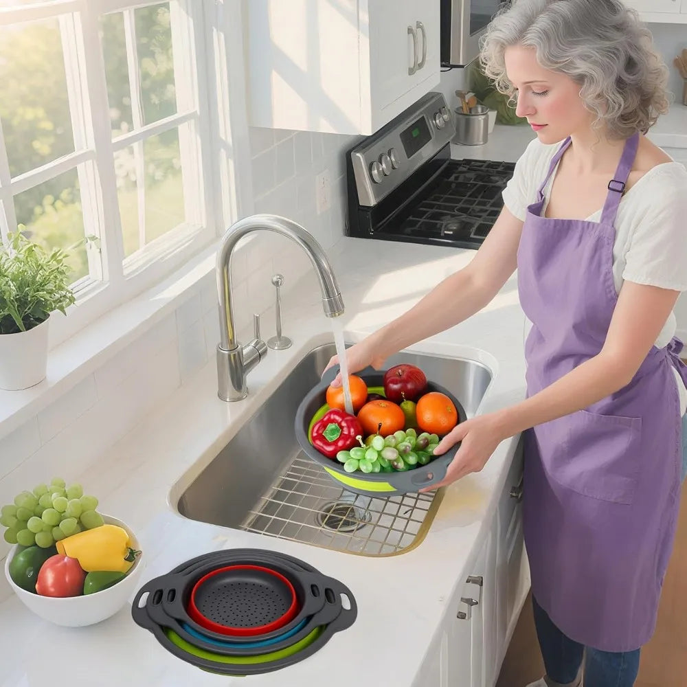Collapsible Colander 3-Pack Set Space-Saving Foldable Kitchen Strainer with Non-Slip Base Durable Thickened PP+TPE Collapsible S