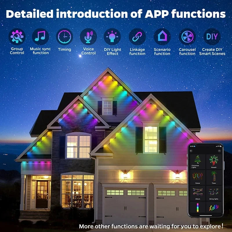 Permanent Outdoor Eaves Light Intelligent RGBIC 90M 180LEDs Eaves Light IP67 Waterproof For Christmas Halloween DIY Lighting